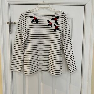 Ladies Size MP "Talbots" White and Black Striped Top with Red Floral Design GUC